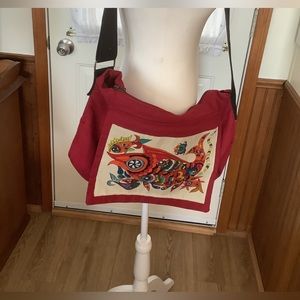 Red Canvas Messenger Bag Bright Fish, Snake and Frog